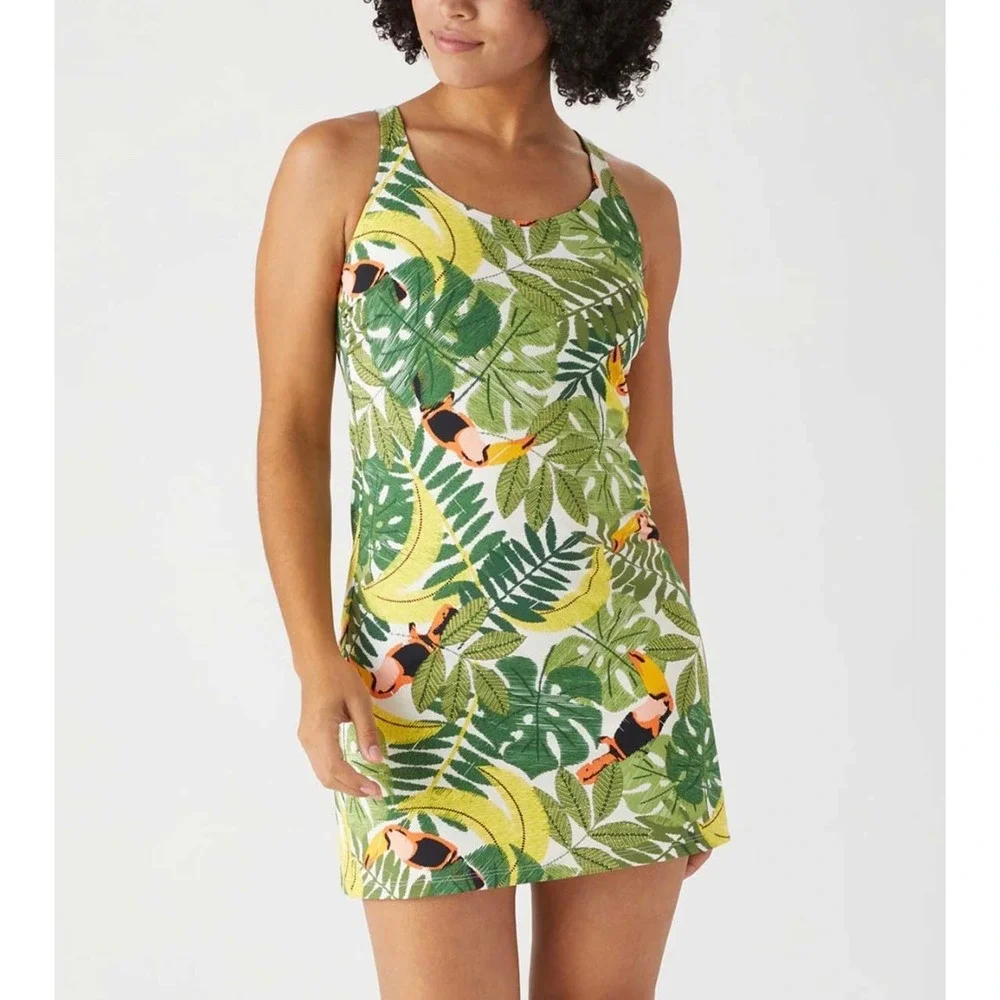 Duluth Trading Co Suit Up One Piece Swim Suit Dress 10 Toucan Tropical Print